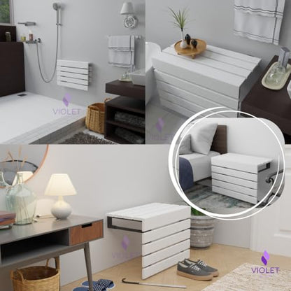 20" Folding Wall Mounted Handmade Teak Wood Large Shower Seat with Legs, ADA Compliant Durable Bath Bench, Sturdy Space-Saving Bathroom Stool, Water-Resistant Compact Chair (White, Extra Large) - color: White
