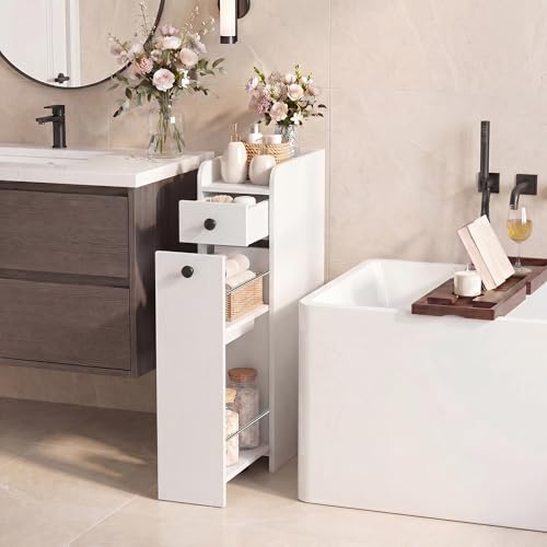 COSTWAY Slim Bathroom Cabinet, Freestanding Narrow Organizer, White | 7" Wide Space-Saving Storage with 2-Tier Slide-Out Drawer, Shelf & Toilet Paper Holder, for Bathroom, Laundry & Small Spaces - color: White