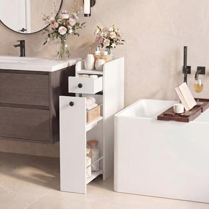 COSTWAY Slim Bathroom Cabinet, Freestanding Narrow Organizer, White | 7" Wide Space-Saving Storage with 2-Tier Slide-Out Drawer, Shelf & Toilet Paper Holder, for Bathroom, Laundry & Small Spaces - color: White