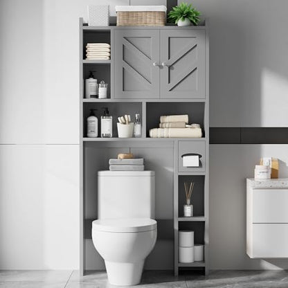 Over the Toilet Storage Cabinet, Freestanding Farmhouse Storage Cabinet Over Toilet, Bathroom Organizer with Paper Holder Stand and Adjustable Shelf, Grey - color: Light Grey