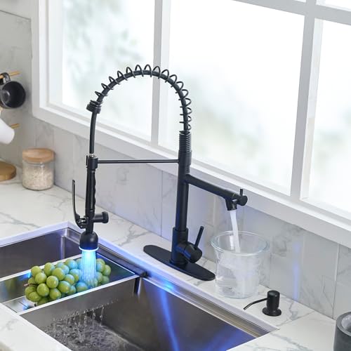 Fapully LED Commercial Kitchen Faucets with Pull Down Sprayer Matte Black | Single Handle Faucet for Kitchen Sink, Kitchen Faucet with Soap Dispenser and Deck Plack for 4 Hole - color: Matte Black, style: Rustic