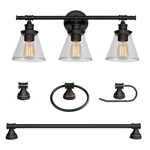 Globe Electric 50192 Parker 5-Piece All-In-One Bathroom Set, Oil Rubbed Bronze, 3-Light Vanity Light with Clear Glass Shades, Towel Bar, Towel Ring, Robe Hook, Toilet Paper Holder, Oil-rubbed Bronze - color: Bronze, Parker