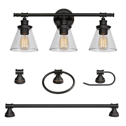 Globe Electric 50192 Parker 5-Piece All-In-One Bathroom Set, Oil Rubbed Bronze, 3-Light Vanity Light with Clear Glass Shades, Towel Bar, Towel Ring, Robe Hook, Toilet Paper Holder, Oil-rubbed Bronze - color: Bronze, Parker