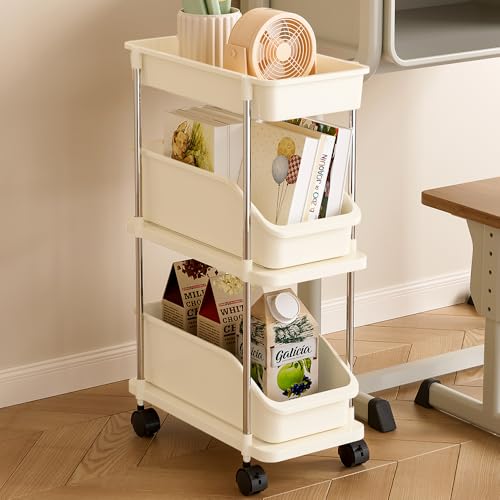 Slim Storage Cart 3 Tier Slim Rolling Utility Cart with Pull-Out Baskets & Wheels for Narrow Space in Kitchen Dining Room Bathroom Laundry Room Cream White (Width 6.3 Inches) - size: 3 Tier