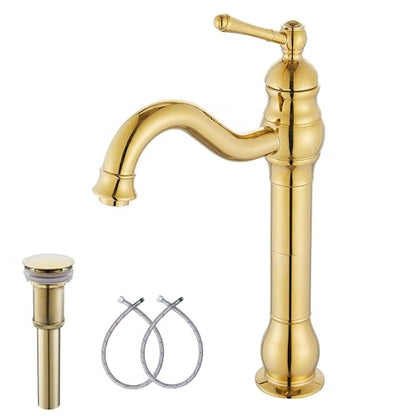 Single Handle Bathroom Vessel Sink Faucet, Polished Gold | 360° Swivel, Single-Handle One Hole, Matching Pop Up Drain, Farmhouse Style - color: Polished Gold, size: Vessel