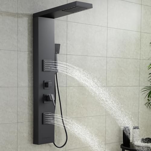 ROVOGO Shower Panel Tower System Matte Black, 4 Shower Modes, No Led Lights | High Pressure Shower Head, Body Jets, Handheld and Tub Spout, Shower Column Stainless Steel with Mixing Valve, 46.5"H x 7.8"W - style: Black- Without Led Lights