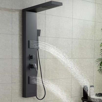 ROVOGO Shower Panel Tower System Matte Black, 4 Shower Modes, No Led Lights | High Pressure Shower Head, Body Jets, Handheld and Tub Spout, Shower Column Stainless Steel with Mixing Valve, 46.5"H x 7.8"W - style: Black- Without Led Lights