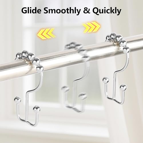 Resze 12PCS Shower Curtain Hooks, Metal Double Shower Curtain Rings, Chrome | Glide Roller Shower Hooks, Rust-Resistant Anti-Drop Shower Rings, Smooth Sliding Hooks for Bathroom Shower Rods Curtains - color: Chrome