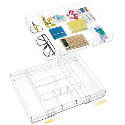 Briwooody 2 Pcs Acrylic Desk Drawer Organizer Maximum 12 x 18 x 2.1 Inch Expandable Drawer Organizer Trays with 8 Adjustable Compartments Desk Accessories for Makeup Silverware Office Bathroom - size: 12 x 18 x 2.1 Inch