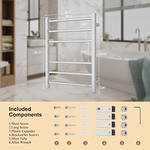 Towel Warmer Polished Chrome for Bathroom Wall Mounted Bath Towel Heater Plug-in Electric Heated Towel Rack Stainless Steel Square 6 Bars Drying Rack ETW13C 68W 26.77x20.47x4.13 inches