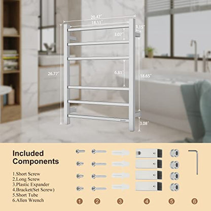 Towel Warmer Polished Chrome for Bathroom Wall Mounted Bath Towel Heater Plug-in Electric Heated Towel Rack Stainless Steel Square 6 Bars Drying Rack ETW13C 68W 26.77x20.47x4.13 inches