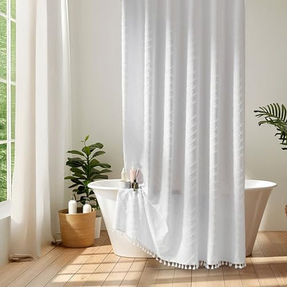 Siiluminisoy White Shower Curtain Fabric Boho Shower Curtain Cloth Textured Tufted Chevron Elegant Shower Curtains Waterproof for Bathroom 72" x 72" - color: A White, size: 72"W x 72"L (Pack of 1)