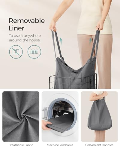 SONGMICS Laundry Hamper, 11 Gal. (50L) Laundry Basket, Collapsible Clothes Hamper, Removable and Washable Liner, Metal Wire Frame, for Bedroom Bathroom, Black and Gray ULCB150G01 - color: Black + Gray, size: 50 L