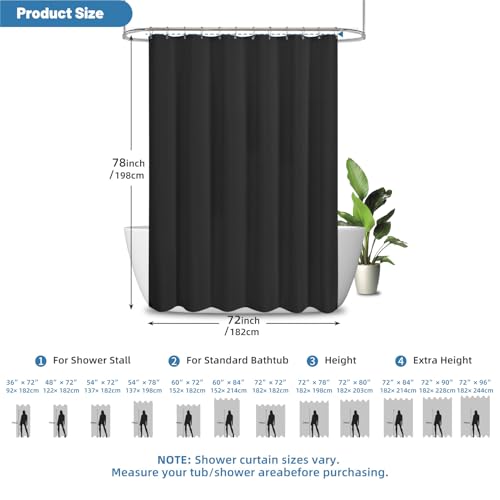 2-in-1 Waterproof Fabric Shower Curtain - No Separate Liner Needed, Hotel-Style Waffle Weave, Effortless Cleaning & Washable Bathroom Shower Curtain Set,72Wx78H,Black - color: Black, size: 72"W x 78"L (Pack of 1)