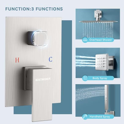 Shower Faucets Sets Shower System with Body Jets, Bostingner 10" Rain Shower Head with 2 In 1 Handheld Spray and 4 Jets, Wall Mounted All Metal 3 Way Shower Set with Valve and Trim Kit,Brushed Nickel - color: Brushed Nickel, size: 10 Inch