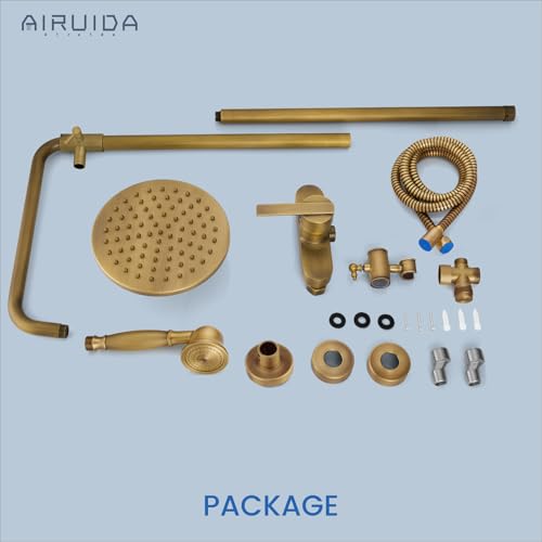 Airuida Antique Brass Exposed Shower System with Handheld Spray | Single Handle,Wall Mount,8 Inch Rainfall Shower Head,Dual Function,Exposed Pipe Fixture for Bathroom - color: Antique Brass