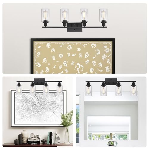 MELUCEE 4 Lights Sconces Wall Lighting Black with Clear Glass Shade | Industrial Bathroom Light Fixtures Vanity Lights Porch Light Fixtures Wall Mount (Patent No.: US D963914 S) - color: Black, size: 4-Light
