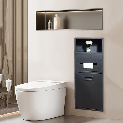 Stainless Steel Recessed Shower Nich with Built-in Trash Can(25.4X11.2IN) | Waterproof Bathroom Niche Toilet Paper Toiletries Storage Rack for Kitchen Living Room Bedroom Hotel Residential - color: Black
