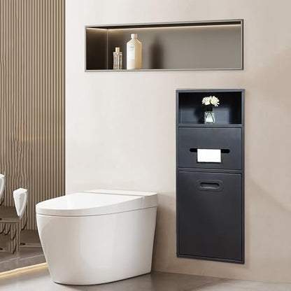 Stainless Steel Recessed Shower Nich with Built-in Trash Can(25.4X11.2IN) | Waterproof Bathroom Niche Toilet Paper Toiletries Storage Rack for Kitchen Living Room Bedroom Hotel Residential - color: Black