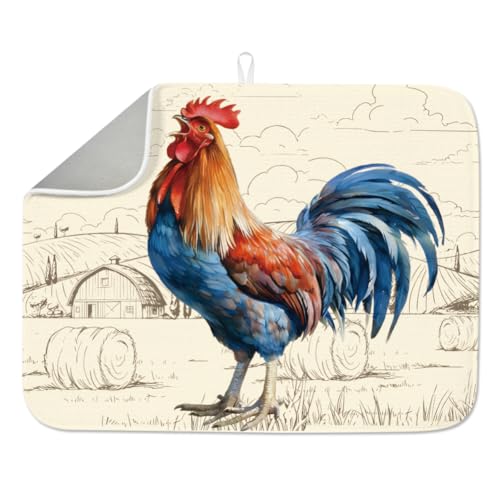 1pc Rooster Dish Drying Mat 23.6x17.7 Inch/60x45cm Microfiber Polyester Cotton Chicken Dishes Drainer Mat Absorbent Draining Pad Heat Resistant Coffee Bar Counter Mat With Hanging Loop Vintage - style: Rooster