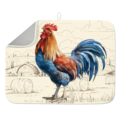 1pc Rooster Dish Drying Mat 23.6x17.7 Inch/60x45cm Microfiber Polyester Cotton Chicken Dishes Drainer Mat Absorbent Draining Pad Heat Resistant Coffee Bar Counter Mat With Hanging Loop Vintage - style: Rooster