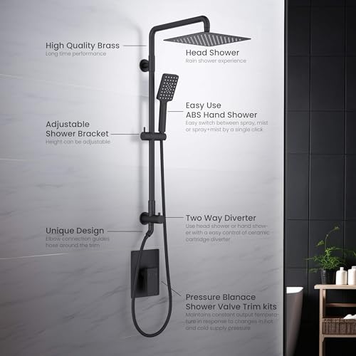 KIBI Cube 2-Function Wall Mounted Rain Shower Column | Bathroom Shower Faucet System with Solid Brass Rough-In Valve, 10" Rain Shower Head | Easy Temperature Control (Matte Black, KSC404) - color: Matte Black