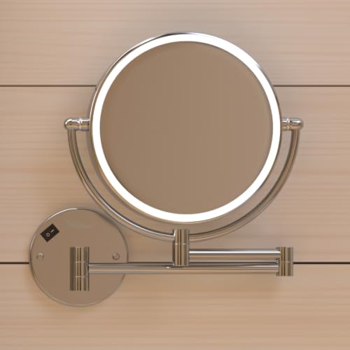 Whitehaus Wall-Mounted LED Magnifying Mirror – 8” Dual-Sided Mirror with 7X Zoom, Extendable Arm, Touch-Activated Light, Polished Chrome - color: Polished Chrome