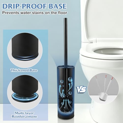 Stainless Steel Toilet Brush,Toilet Bowl Brush and Holder Set,Scratch Resistant Stainless Steel Toilet Brush with Long Handle,Toilet Cleaners with Replacement Head & Removable Inner Bowl,Space Saving - color: Black-set2