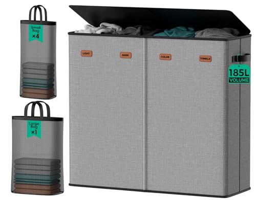 185L Laundry Hamper 4 Section with Lid & Removable Bags | Collapsible laundry basket organizer for laundry room, bedroom & dorm with 5 removable washing bags - color: Grey, size: 185L - 4 Section