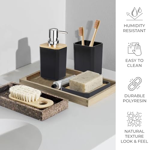 CERBIOR Bamboo Bathroom Accessories Set 7 Piece Bath Ensemble,Black | Includes Soap Dispenser, Toothbrush Holder, Toothbrush Cup, Soap Dish for Decorative Countertop and Housewarming Gift - style: Black