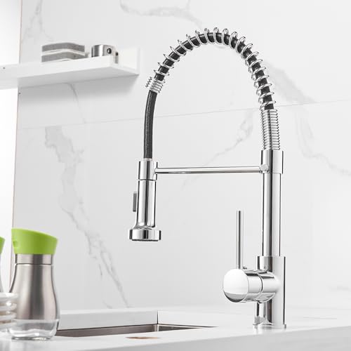 Kitchen Faucet with Pull Down Sprayer, Stainless Steel, Chrome | 1 Handle Spring Sink Faucets, Lead-Free Stainless Steel, 1 or 3-Hole with Deck Plate,Farmhouse, RV, Bar, Laundry Room - color: D - Chrome