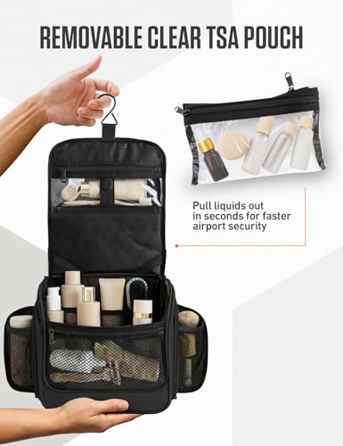 VENTURE 4TH Hanging Travel Toiletry Bag, 18 Compartments - Black | Hangs on rails, hooks or doors; stands upright. Removable TSA pouch. Water-resistant Nylon 290D Twill, reinforced stitching. - color: Black