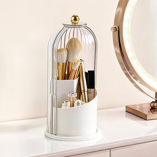 Makeup Brush Holder 360° Rotating Countertop Organizer with Lid Transparent | Transparent Sealed Lid, Waterproof, 3 Compartments, 180° Side Pull Door, for Vanity Makeup Brushes & Bathroom Toothbrushes - color: Transparent