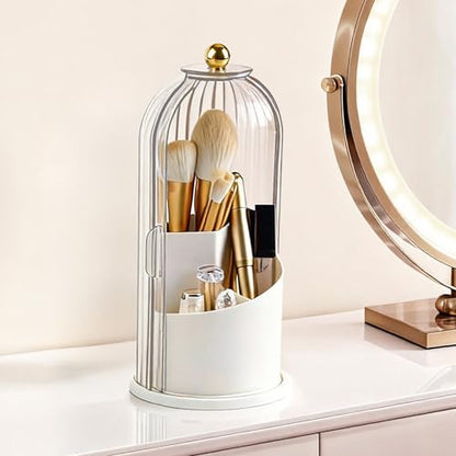 Makeup Brush Holder 360° Rotating Countertop Organizer with Lid Transparent | Transparent Sealed Lid, Waterproof, 3 Compartments, 180° Side Pull Door, for Vanity Makeup Brushes & Bathroom Toothbrushes - color: Transparent