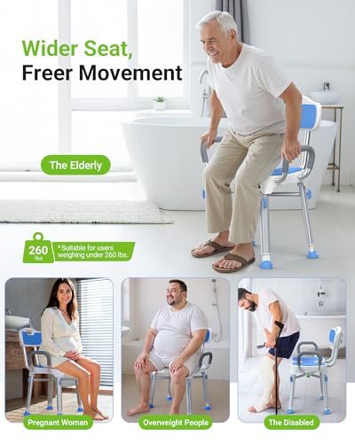 FULLOT H-Shaped Shower Chair for Easy Cleaning, Stable X-Bracing, 500 lbs | Heavy Duty Adjustable Shower Stool with Padded Back & Arms for Elderly & Disabled, Non-Slip Feet, Thicker Legs, Tool-Free