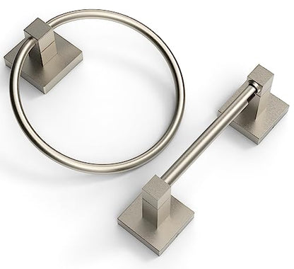 RUACQ Brushed Nickel Toilet Paper Holder & Towel Ring, Bathroom Accessories | 2-Piece Bathroom Hardware Set, Pivoting Tissue Roll Holder, Hand Towel Ring, Square Base, 304 Stainless Steel, Wall Mounted - color: Brushed Nickel, size: 2pcs