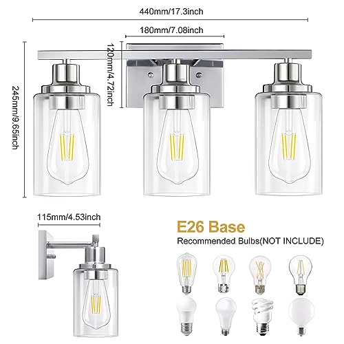 3 Light Vanity Light Fixtures, Polished Chrome Bathroom Wall Sconces, Modern Wall Lights with Clear Glass Shades, Bathroom Wall Lamp over Mirror Kitchen Bedroom Living Room Hallway Cabinet Porch - color: Chrome