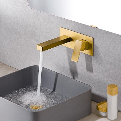 SUMERAIN Brushed Gold Wall Mount Bathroom Faucet Single Handle Vessel Sink Faucet Includes Brass Rough-in Valve - color: Brushed Gold, size: Right-Handed