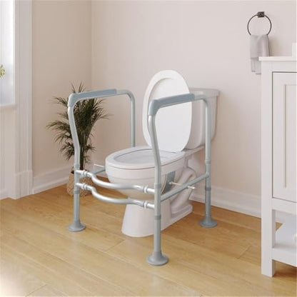 Pemberly Row Adjustable Toilet Safety Rail, Steel Frame with Gray Padded Handles, 23.5-27.25"W x 21.5"D x 26.25-30"H, Lightweight, Suction Cup Feet, Tool-Free Assembly, Elderly or Disabled Use