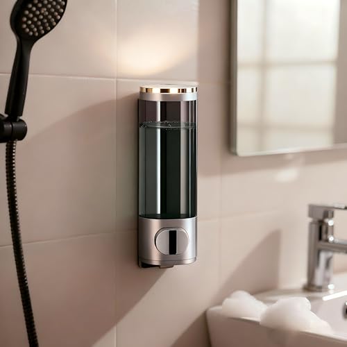 10oz/300ml Single Manual Wall Mounted Soap Dispenser, Silver | Bathroom Shampoo and Conditioner Dispenser, Clear Plastic Refillable Liquid Lotion Pump Dispenser and Organizer - color: Silver