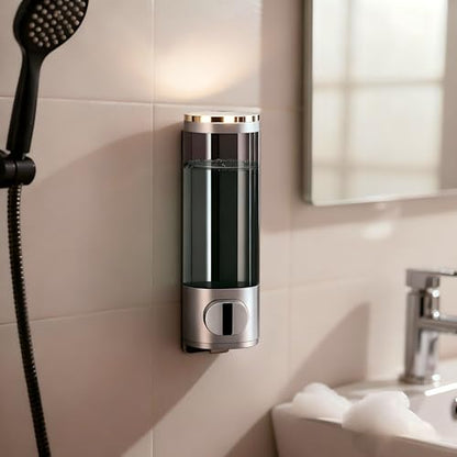 10oz/300ml Single Manual Wall Mounted Soap Dispenser, Silver | Bathroom Shampoo and Conditioner Dispenser, Clear Plastic Refillable Liquid Lotion Pump Dispenser and Organizer - color: Silver