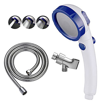 KAIYING High Pressure Handheld Shower Head with ON/OFF Pause Switch | 3 Spray Modes Shower Wand with Shut Off Button, Camper & RV Showerhead with Hose & Angle Adjustable Bracket, White & Blue - color: White & Blue
