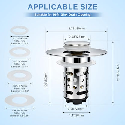 Upgraded 3 in 1 Bathroom Sink Drain Strainer, Universal Pop Up Stopper with Removable Stainless Steel Filter Basket Hair Catcher, Sink Plug for 1.1''~2.36'' Basin, Polished Chrome (1PC) - style: Polished Chrome 1PCS