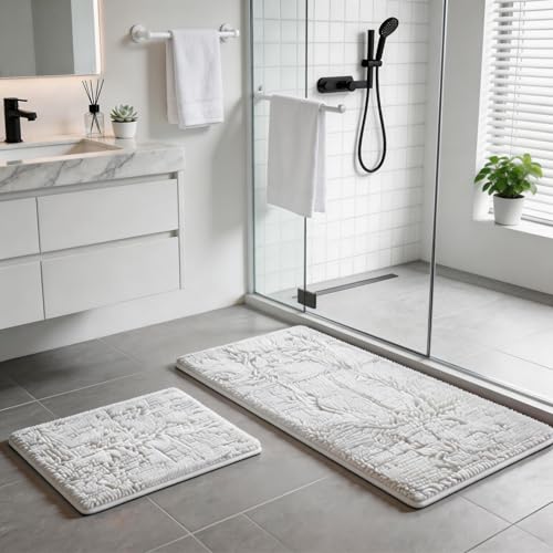 White Bathroom Rugs and Mats Set, 2 Piece Chenille Bath Mat Set, Machine Wash Dry, Non Slip Absorbent Shaggy Bath Rug for Bath Room, Shower and Tub (20" x 32"+16" x 24") Bathroom Rug St Accessories - color: White