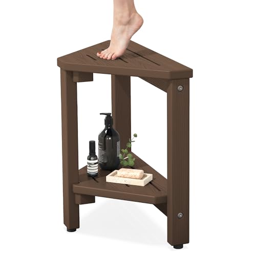 SERWALL 15" Shower Foot Rest for Shaving Legs, Waterproof Corner Shower Stool for Inside Shower, HDPE Shower Bench with Storage Shelf, Load 360Lbs, Indoor/Outdoor Use, Brown - color: Brown