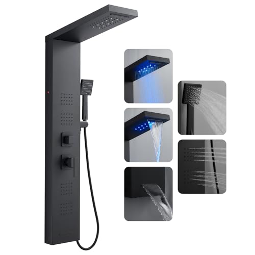 ROVOGO Shower Panel Tower System with Led Lights and 5 Shower Modes, 46.5" | Rainfall Waterfall Shower Head, 4 Body Jets, Handheld & Tub Spout, Stainless Steel Shower Column w/ Brass Valve, Matte Black - color: Black-4 jets