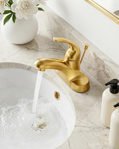 WOWOW 4 Inch Bathroom Faucet Single Handle Faucet for Bathroom Sink Brushed Gold Vanity Tap with Lift Rod Drain Assembly, Rv Lavatory Taps 3 Hole - color: Brushed Gold