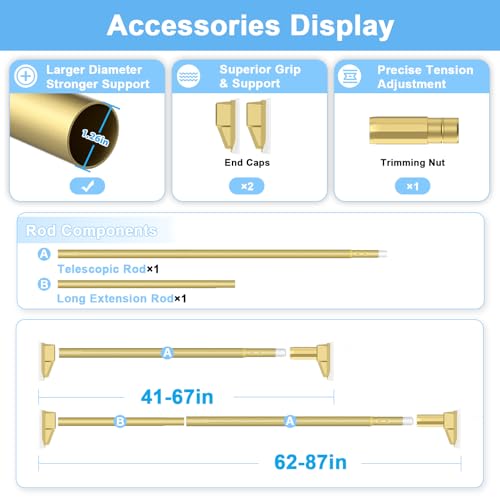 41 to 86 Inch Gold Tension Curtain Rod | No Drill, Extra Long, Heavy Duty, Renter Friendly Adjustable - color: Gold, size: 41-86inch