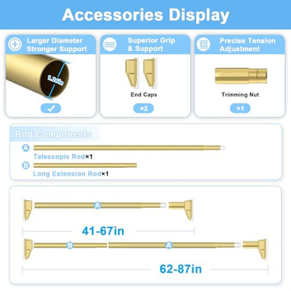 41 to 86 Inch Gold Tension Curtain Rod | No Drill, Extra Long, Heavy Duty, Renter Friendly Adjustable - color: Gold, size: 41-86inch