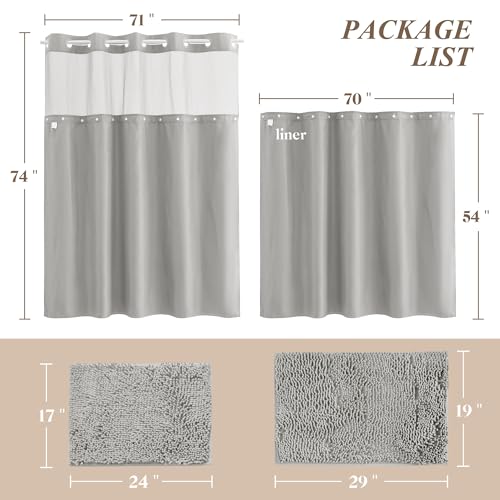 Barossa Design No Hook Shower Curtain Sets with Rugs Light Grey | 3PCS(Curtain with Liner+2 Rugs), Hotel Style Shower Curtain & Snap-in Liner, Non-Slip Bathroom Mat - color: Light Grey